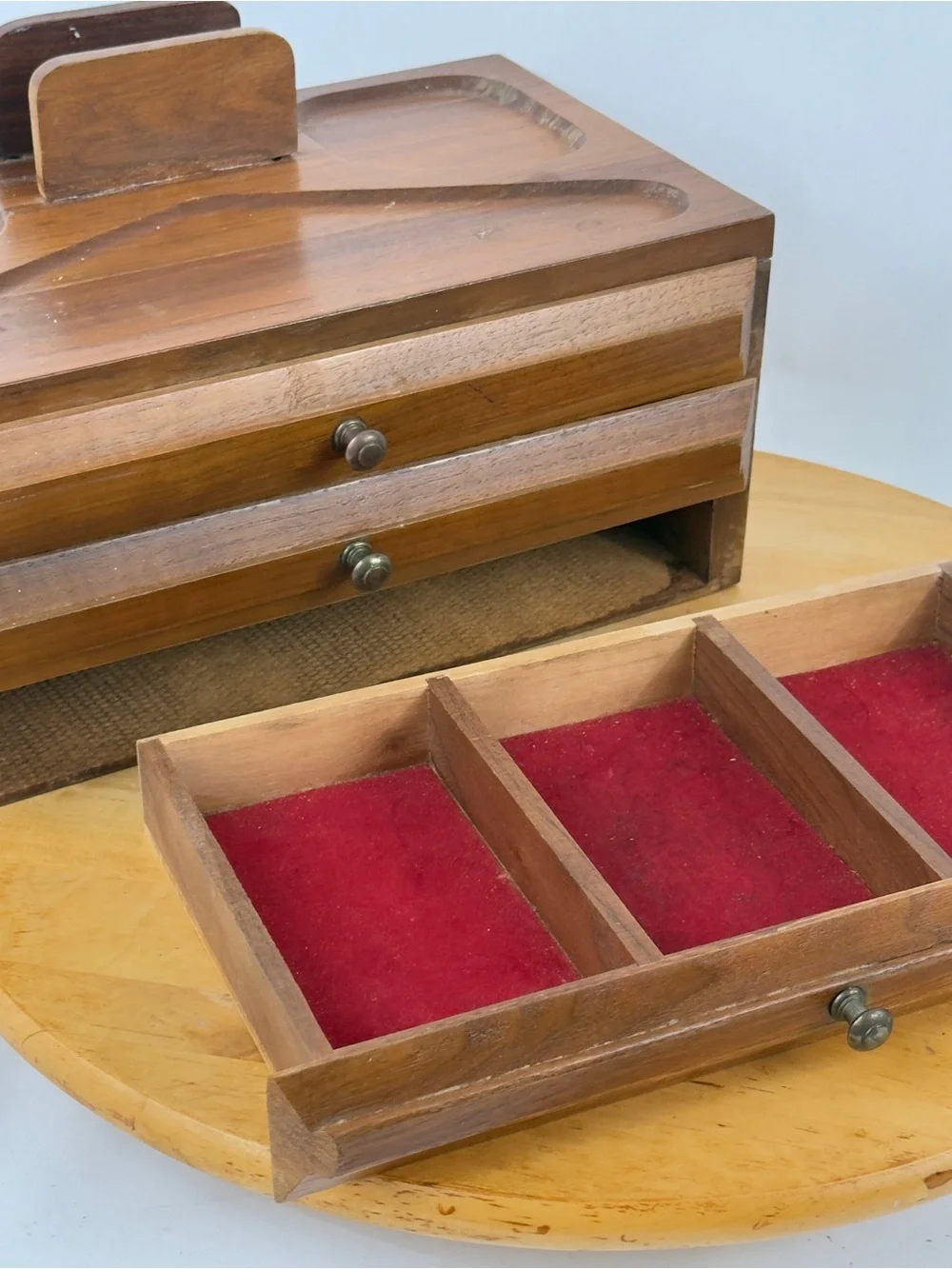 Mid Century Walnut Wood Desk Organizer Jewelry Desk Valet Box w Drawers Catchall